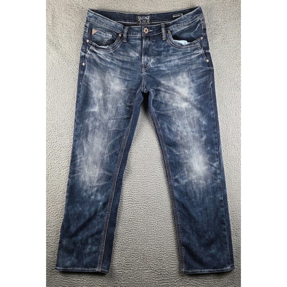 Salvage Anarchy Buckle Jeans Mens 36L (37x33)‎ Blue Relaxed Straight Distressed